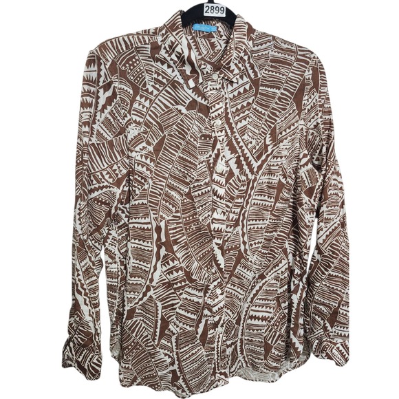 J. McLaughlin Women's Brown White Print Long Sleeve Button Down Linen Shirt - Picture 7 of 10